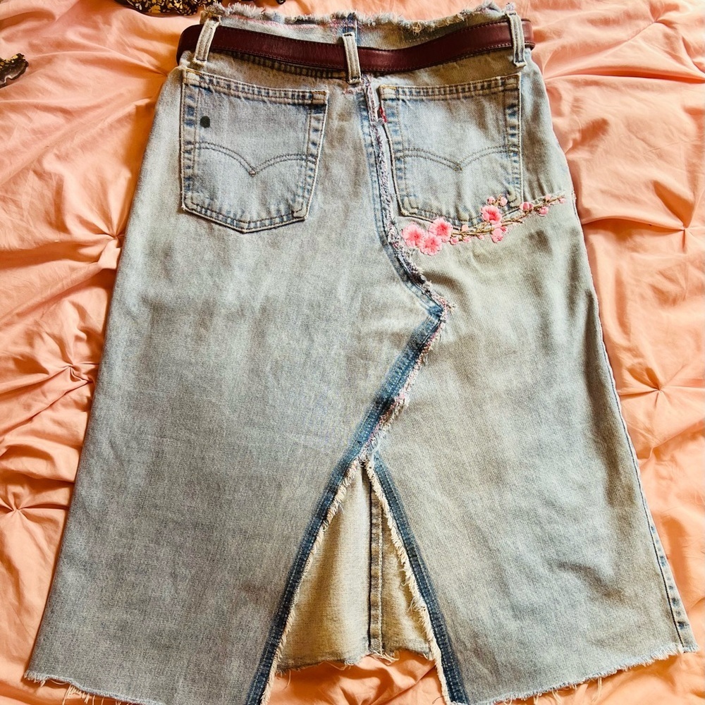 Handmade A-Line Denim Skirt with Cherry Blossom patches and Zipper Closure. - Picture 3 of 14